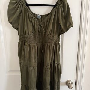 ARULA Olive Green Puff Sleeve Mini Dress